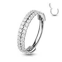 316L Surgical Steel Double Row White CZ Pave Hinged Clicker Hoop