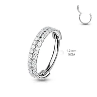 316L Surgical Steel Double Row White CZ Pave Hinged Clicker Hoop