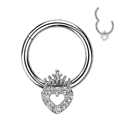 316L Surgical Steel White CZ Heart With Crown Hinged Clicker Hoop