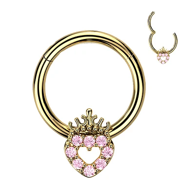 316L Surgical Steel Gold PVD Pink CZ Heart With Crown Hinged Clicker Hoop