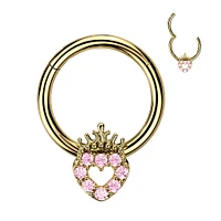 316L Surgical Steel Gold PVD Pink CZ Heart With Crown Hinged Clicker Hoop