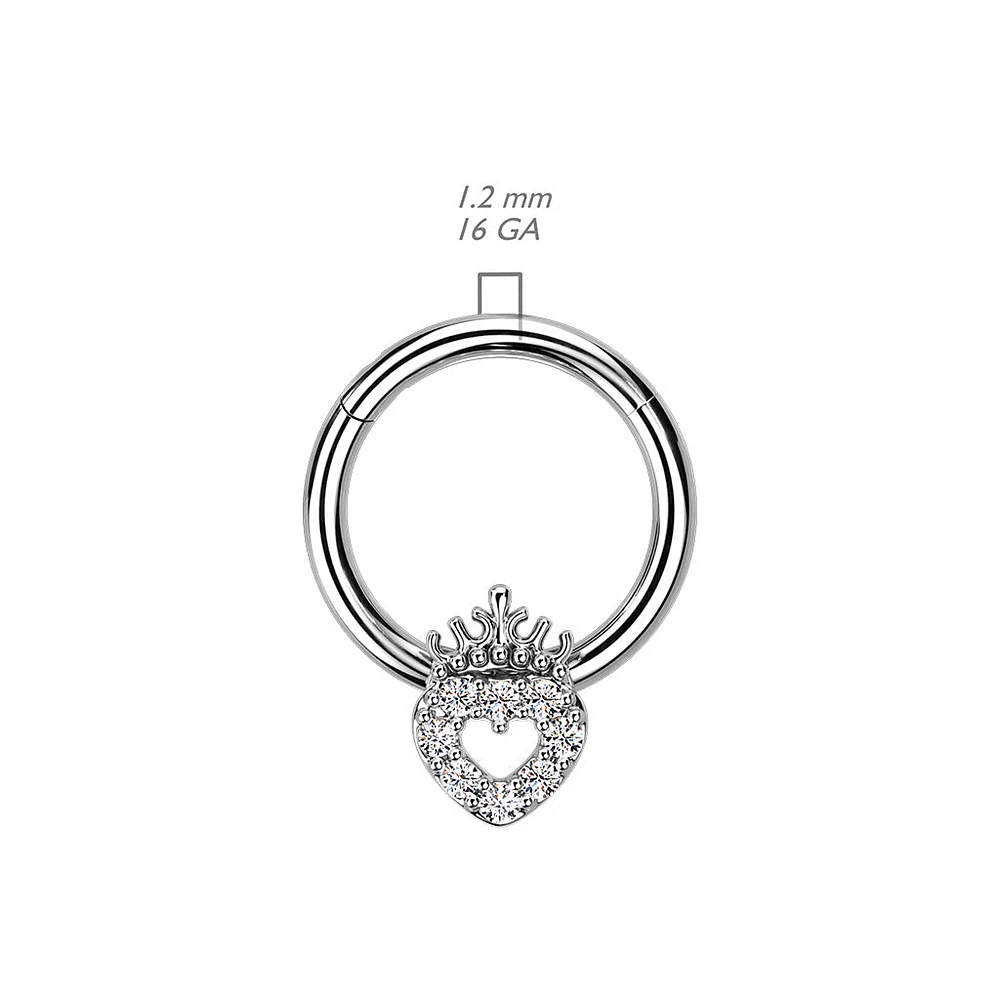 316L Surgical Steel White CZ Heart With Crown Hinged Clicker Hoop