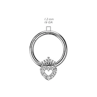 316L Surgical Steel White CZ Heart With Crown Hinged Clicker Hoop