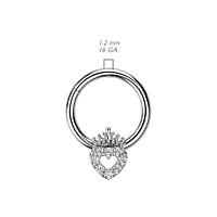 316L Surgical Steel Gold PVD Pink CZ Heart With Crown Hinged Clicker Hoop