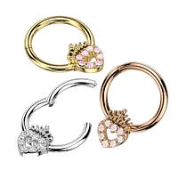 316L Surgical Steel Gold PVD Pink CZ Heart With Crown Hinged Clicker Hoop