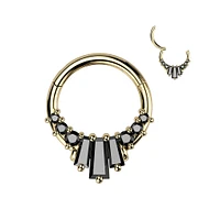 316L Surgical Steel Gold PVD Black CZ Baguette Cluster Hinged Clicker Hoop