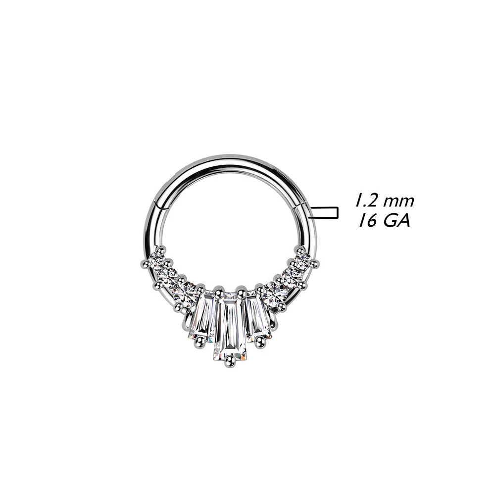 316L Surgical Steel White CZ Baguette Cluster Hinged Clicker Hoop