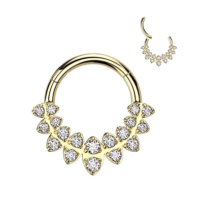 316L Surgical Steel Gold PVD Multi White CZ Gems Hinged Clicker Hoop