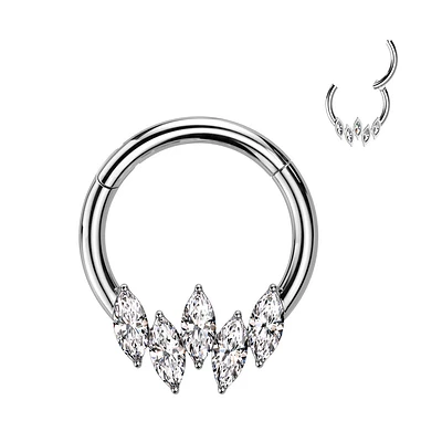 316L Surgical Steel 5 Gem Marquise White CZ Septum Daith Hinged Clicker Hoop