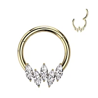 316L Surgical Steel Gold PVD 5 Gem Marquise White CZ Septum Daith Hinged Clicker Hoop