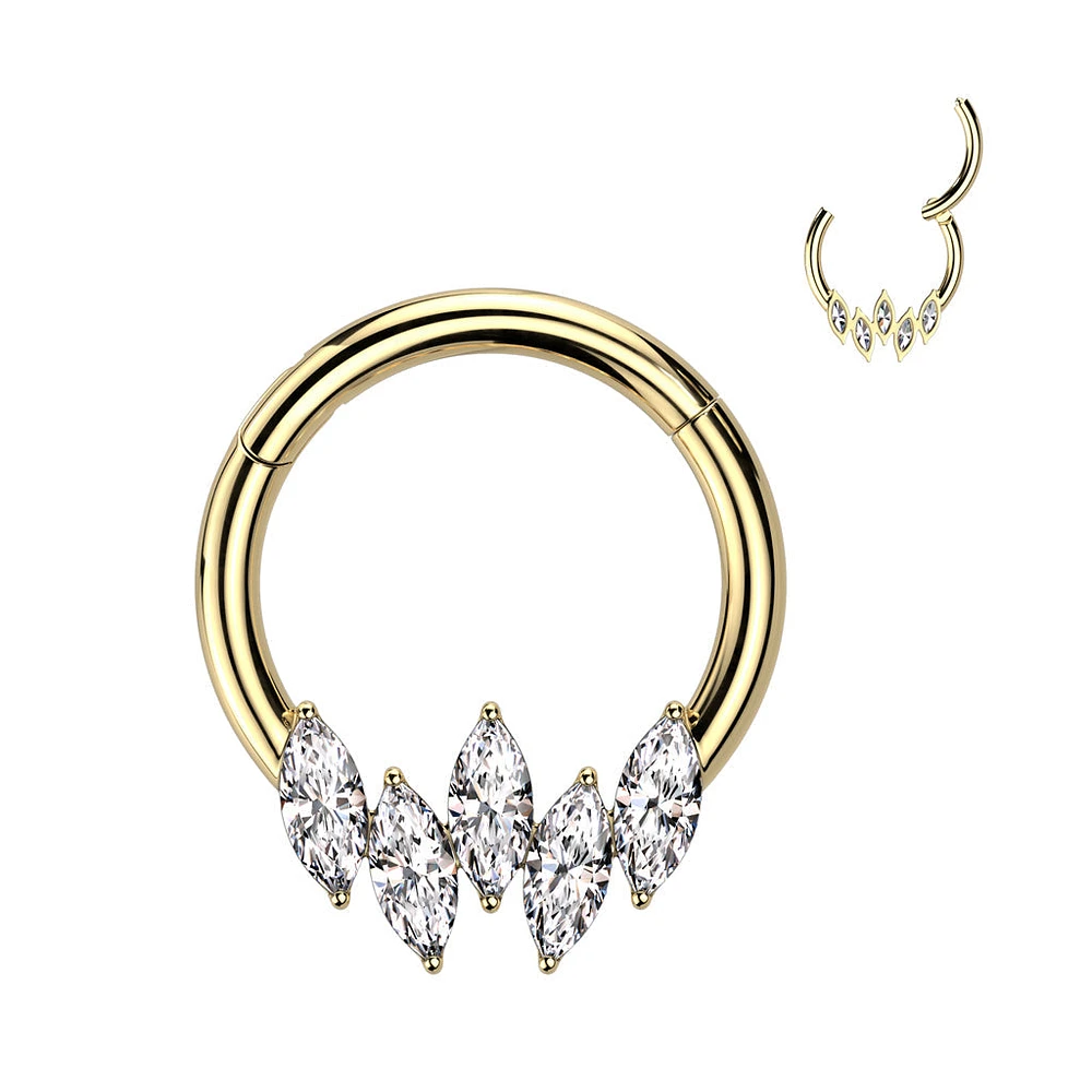 316L Surgical Steel Gold PVD 5 Gem Marquise White CZ Septum Daith Hinged Clicker Hoop