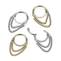 316L Surgical Steel Gold PVD White CZ Gem Chain Dangle Clicker Hoop