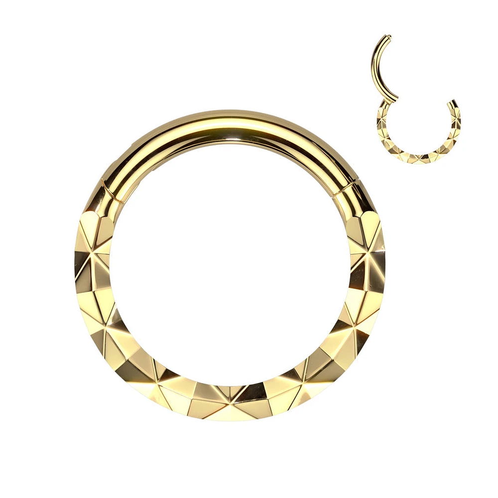 316L Surgical Steel Gold PVD Textured Pattern Septum Daith Hinged Clicker Hoop