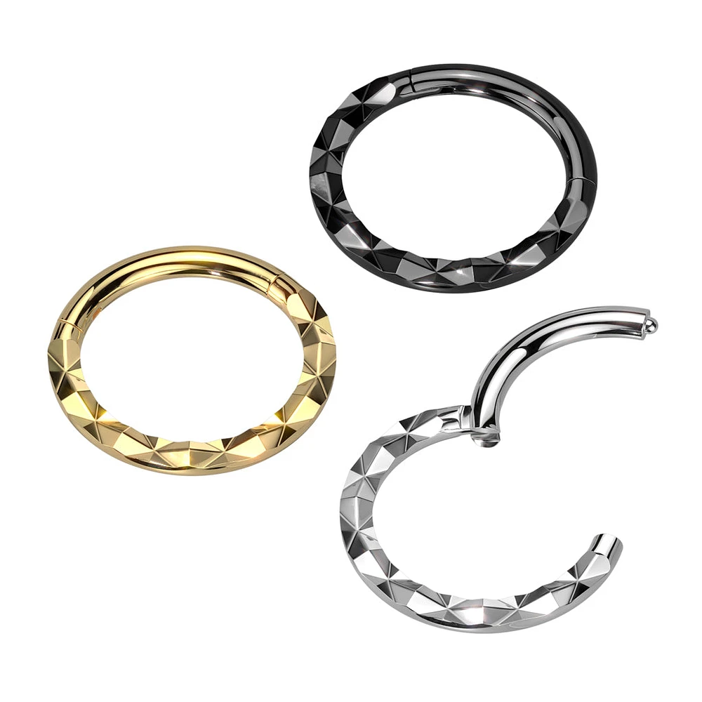 316L Surgical Steel Black PVD Textured Pattern Septum Daith Hinged Clicker Hoop