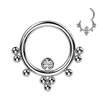 316L Surgical Steel White CZ Beaded Tribal Hinged Clicker Hoop