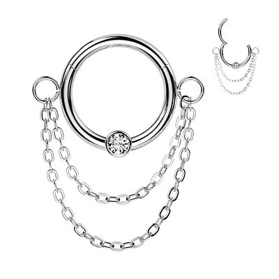 316L Surgical Steel White CZ Double Chain Hinged Clicker Hoop