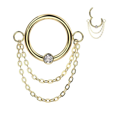 316L Surgical Steel Gold PVD White CZ Double Chain Hinged Clicker Hoop