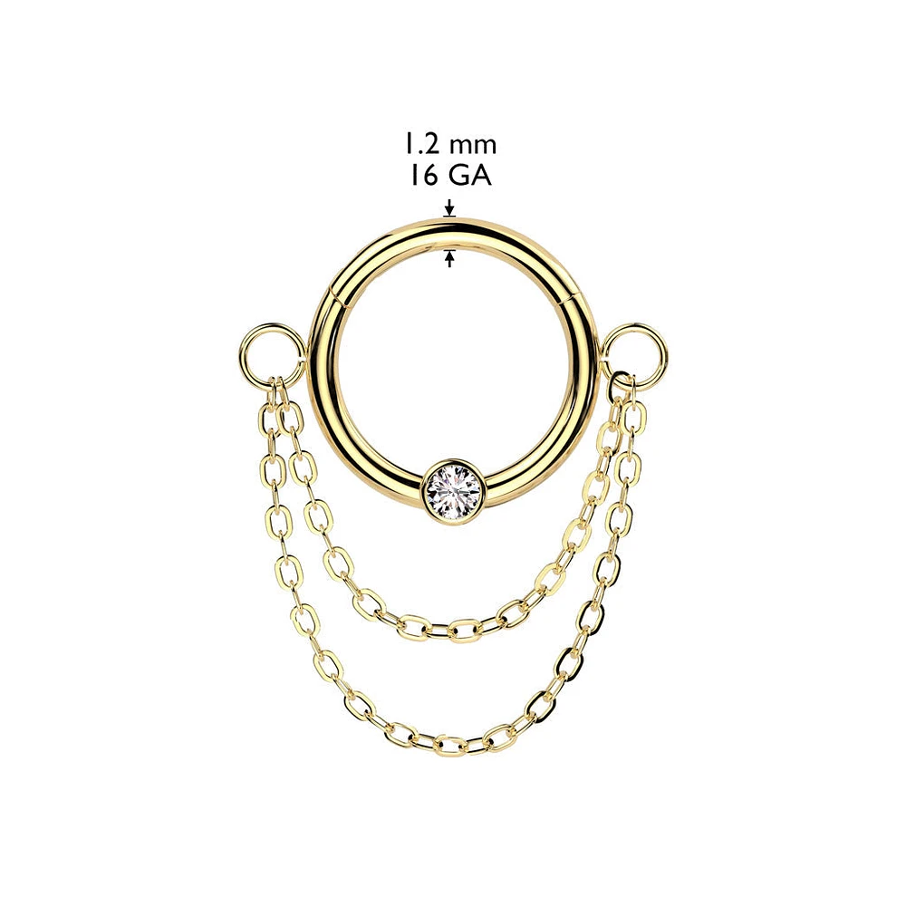 316L Surgical Steel Gold PVD White CZ Double Chain Hinged Clicker Hoop