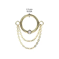316L Surgical Steel Gold PVD White CZ Double Chain Hinged Clicker Hoop