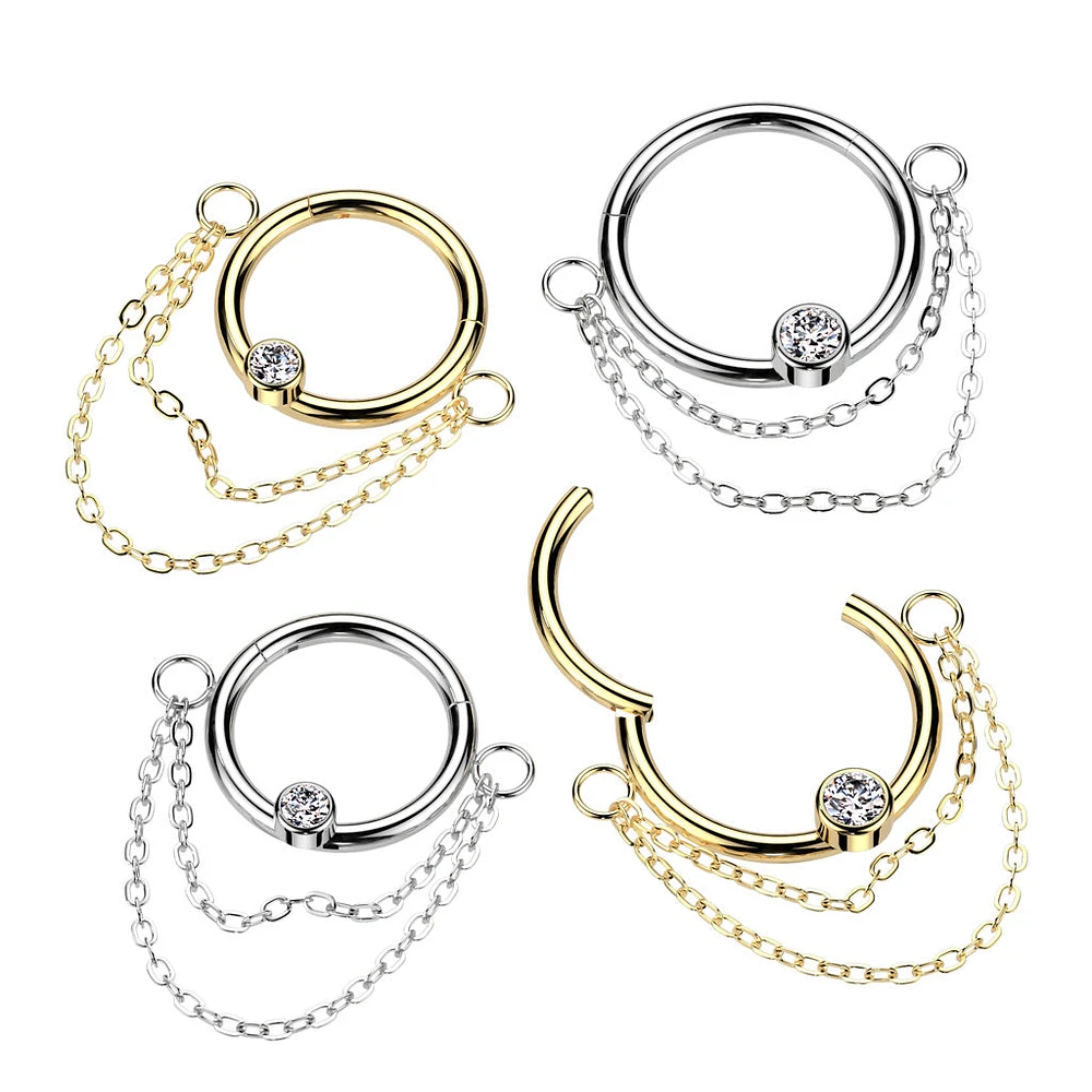 316L Surgical Steel White CZ Double Chain Hinged Clicker Hoop