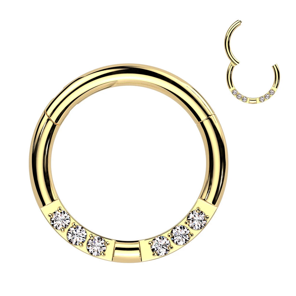 316L Surgical Steel Gold PVD White CZ 6 Gem Pave Hinged Clicker Hoop