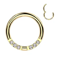 316L Surgical Steel Gold PVD White CZ 6 Gem Pave Hinged Clicker Hoop