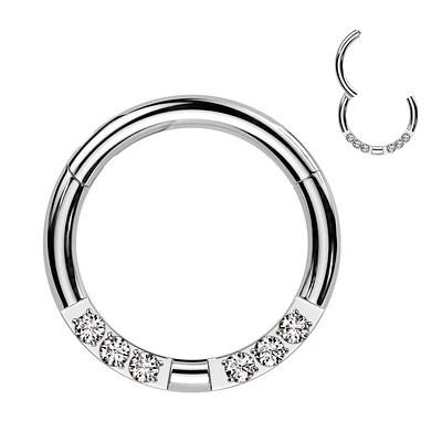 316L Surgical Steel White CZ 6 Gem Pave Hinged Clicker Hoop