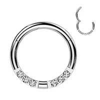 316L Surgical Steel White CZ 6 Gem Pave Hinged Clicker Hoop