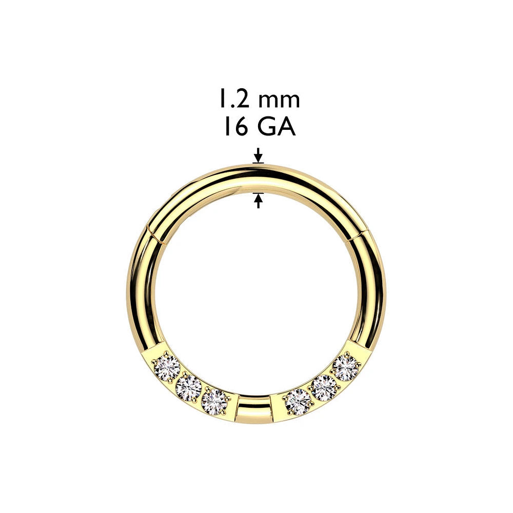 316L Surgical Steel Gold PVD White CZ 6 Gem Pave Hinged Clicker Hoop