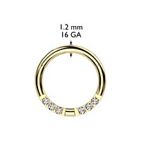 316L Surgical Steel Gold PVD White CZ 6 Gem Pave Hinged Clicker Hoop