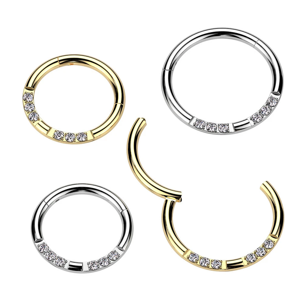 316L Surgical Steel Gold PVD White CZ 6 Gem Pave Hinged Clicker Hoop