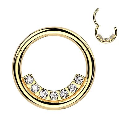 316L Surgical Steel Gold PVD White CZ Pave Line Hinged Clicker Hoop
