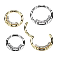 316L Surgical Steel Gold PVD White CZ Pave Line Hinged Clicker Hoop