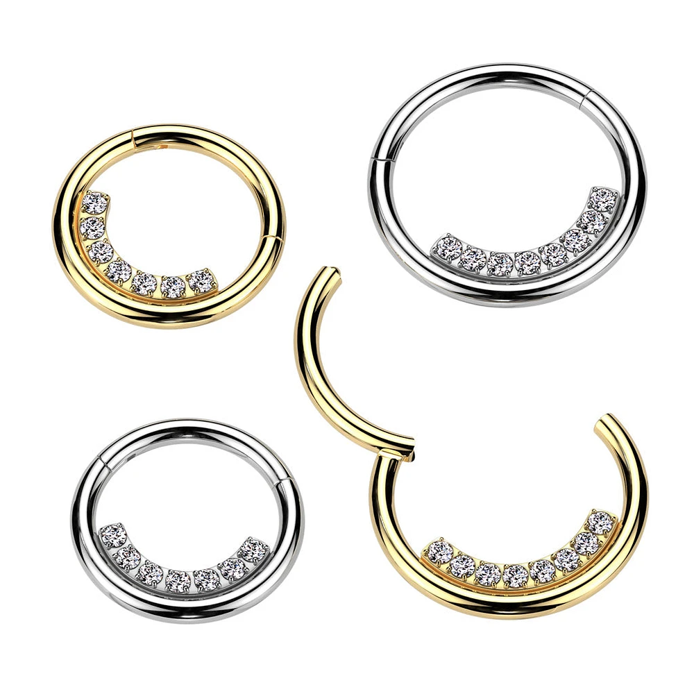 316L Surgical Steel Gold PVD White CZ Pave Line Hinged Clicker Hoop