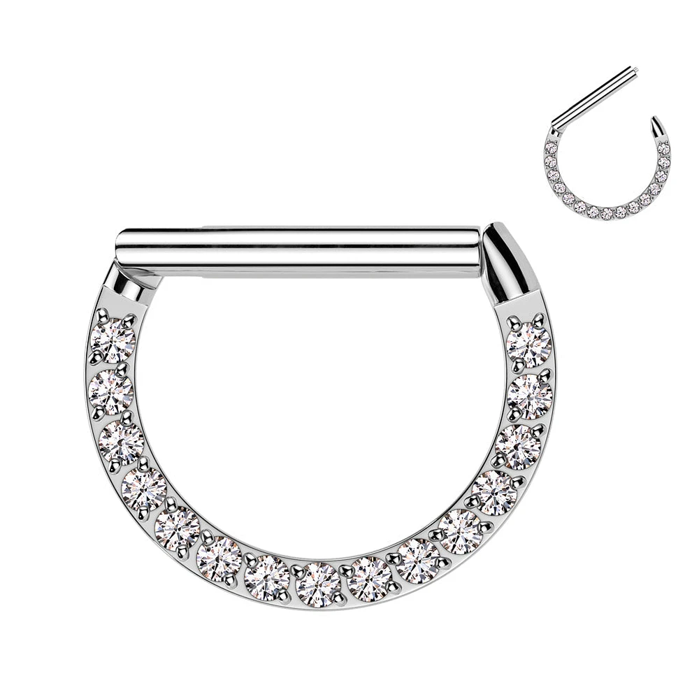 316L Surgical Steel White CZ Pave D Shaped Hinged Septum Clicker