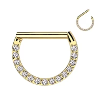 316L Surgical Steel Gold PVD White CZ Pave D Shaped Hinged Septum Clicker