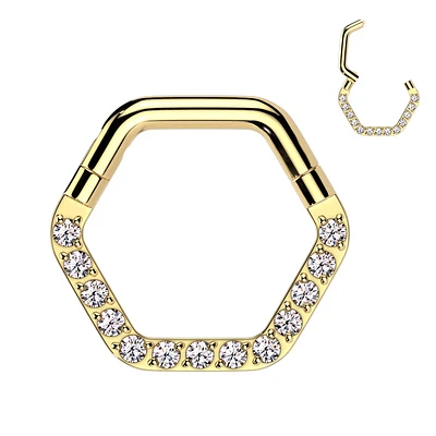 316L Surgical Steel Gold PVD White CZ Pave Hexagon Helix Hinged Clicker Hoop