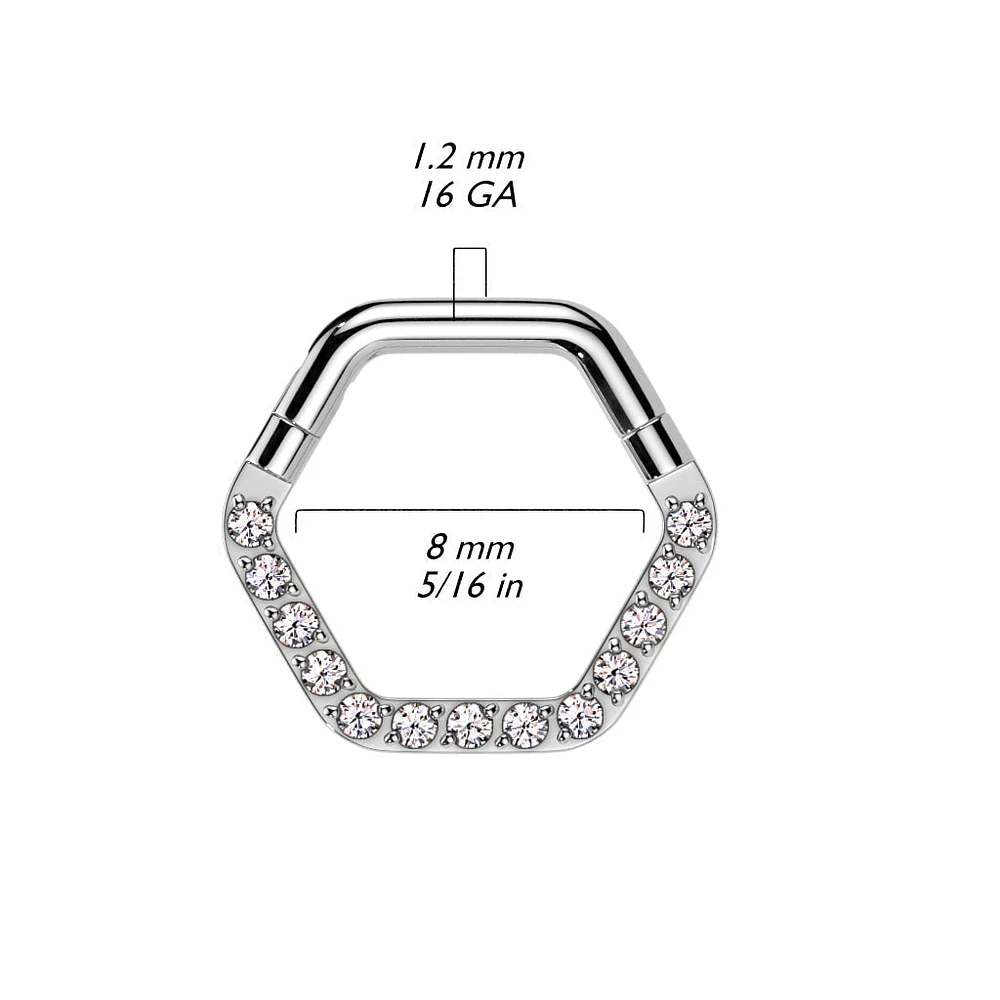 316L Surgical Steel Gold PVD White CZ Pave Hexagon Helix Hinged Clicker Hoop