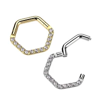 316L Surgical Steel Gold PVD White CZ Pave Hexagon Helix Hinged Clicker Hoop