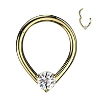 316L Surgical Steel Gold PVD V Shaped White CZ Gem Hinged Clicker Hoop