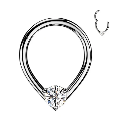 316L Surgical Steel V Shaped White CZ Gem Hinged Clicker Hoop