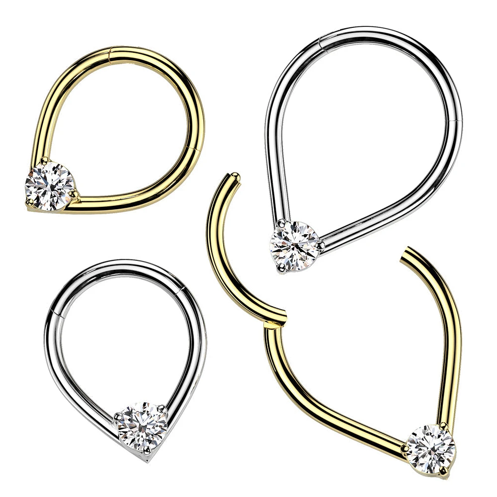 316L Surgical Steel V Shaped White CZ Gem Hinged Clicker Hoop