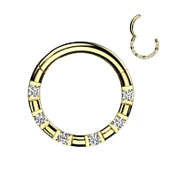 316L Surgical Steel Gold PVD 5 Gem White CZ Hinged Clicker Hoop