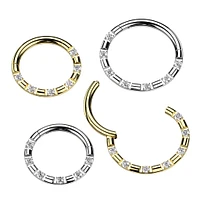 316L Surgical Steel Gold PVD 5 Gem White CZ Hinged Clicker Hoop