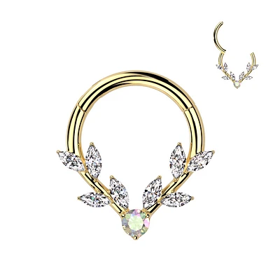 316L Surgical Steel Gold PVD White & Aurora Borealis CZ Vine Hinged V Shaped Clicker Hoop