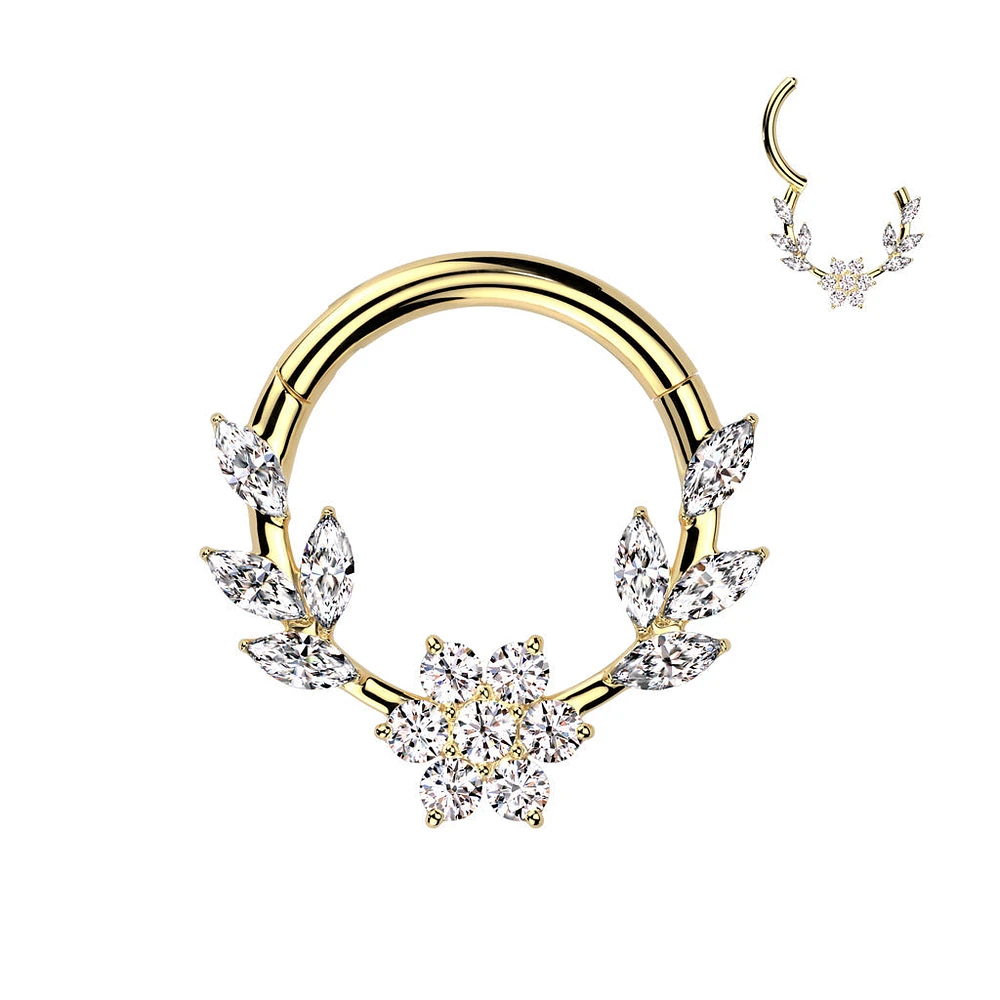 316L Surgical Steel Gold PVD White CZ Dainty Vine Flower Hinged Clicker Hoop