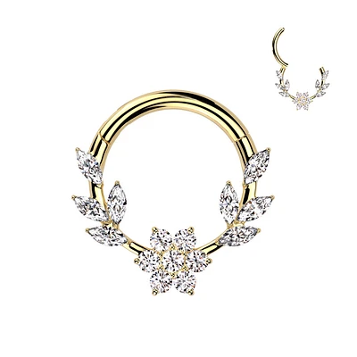 316L Surgical Steel Gold PVD White CZ Dainty Vine Flower Hinged Clicker Hoop