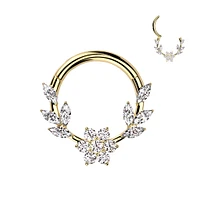 316L Surgical Steel Gold PVD White CZ Dainty Vine Flower Hinged Clicker Hoop