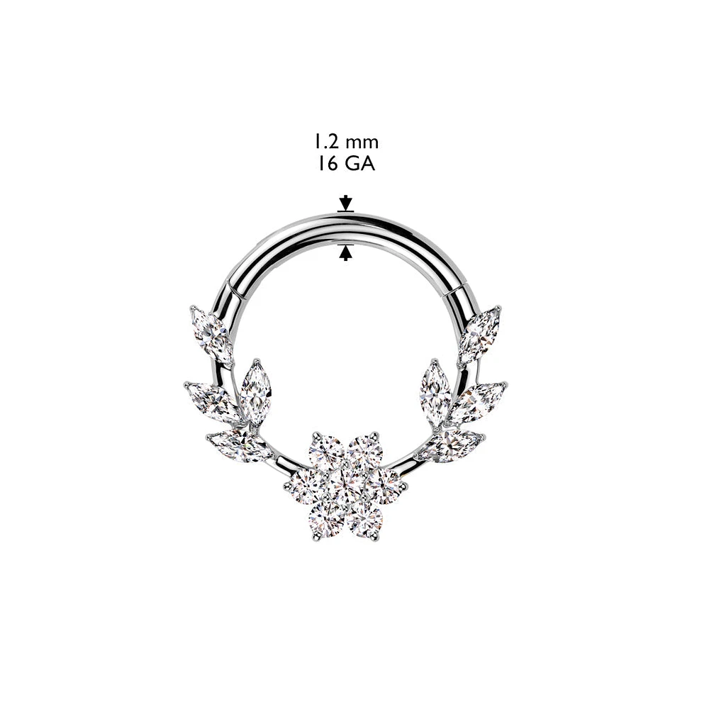316L Surgical Steel Gold PVD White CZ Dainty Vine Flower Hinged Clicker Hoop