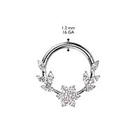 316L Surgical Steel Gold PVD White CZ Dainty Vine Flower Hinged Clicker Hoop